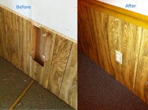 Hole in paneling fix - Before and after: Before and after photo of a paneling repair. A hole was created by vandals and a patch panel was created from a piece of paneling from a closet.